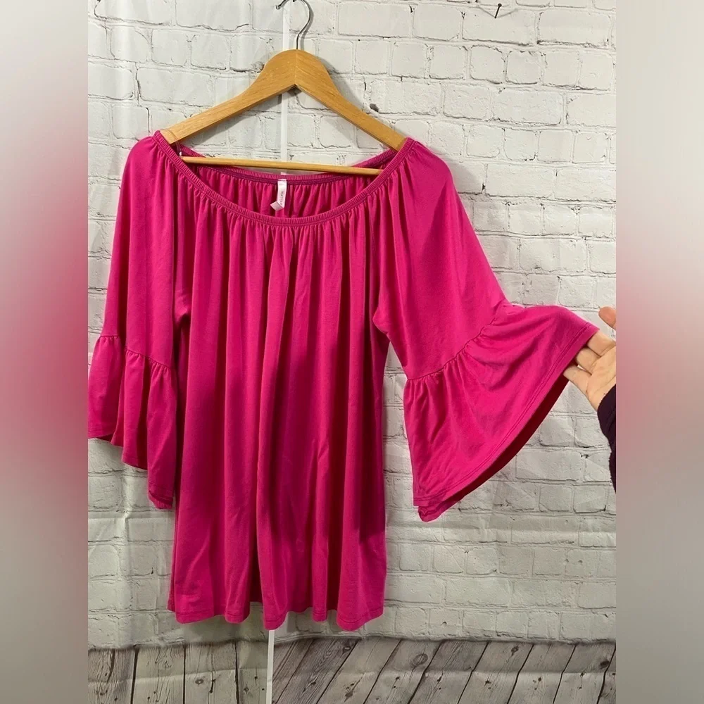 Watermelon Womens Plus Size 2XL Pink Off Shoulder Bell Sleeve Tunic Top - Picture 3 of 5